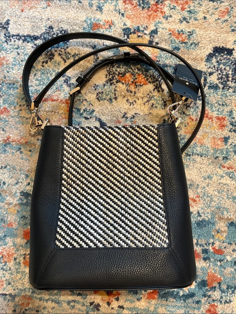 NWT Kate Spade NY Lena Straw Bucket Bag Raffia & Black Leather NEW